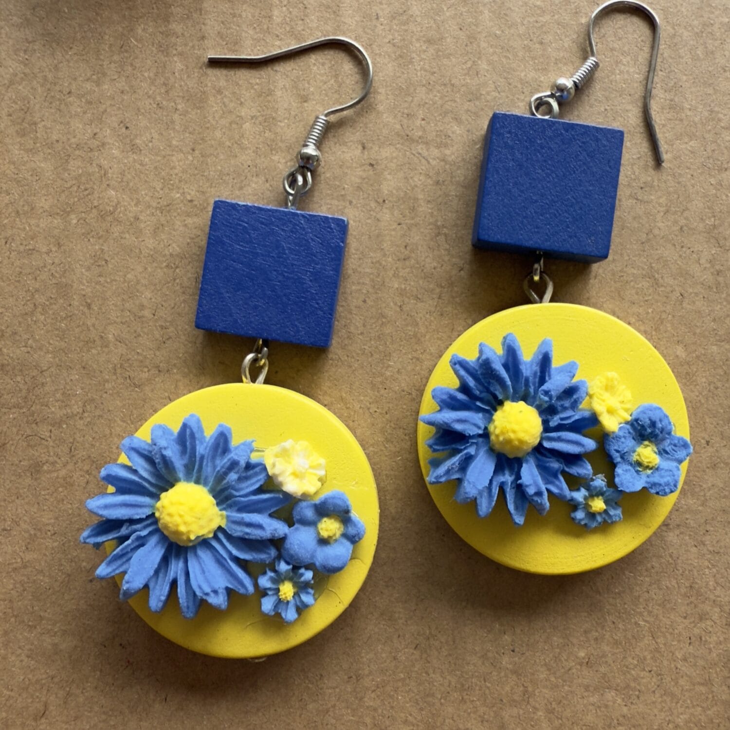 IMG_7739 wooden blue and yellow button and flower earrings