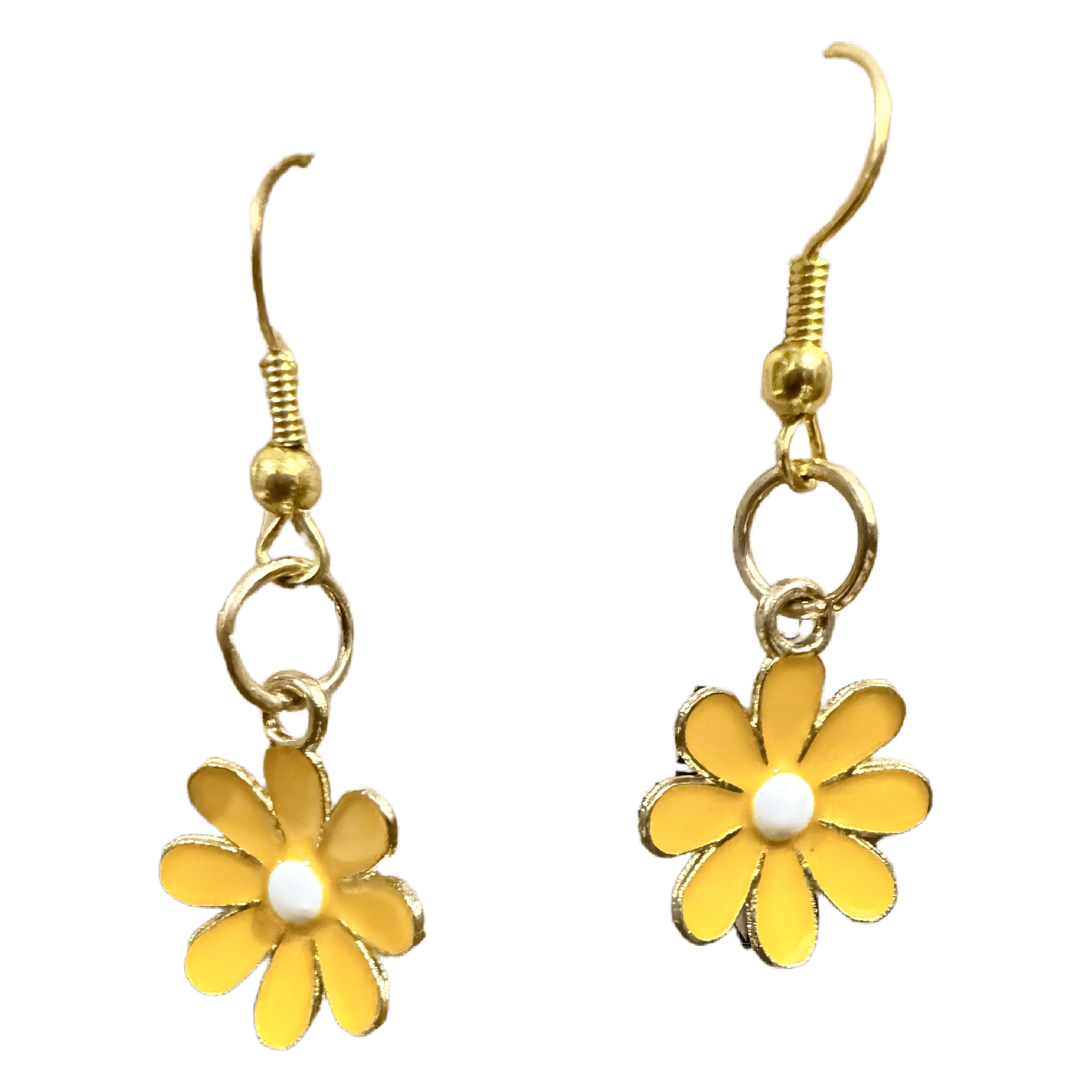 Gold-tone drop earrings featuring yellow daisy charms on hook wires, with small white centers.