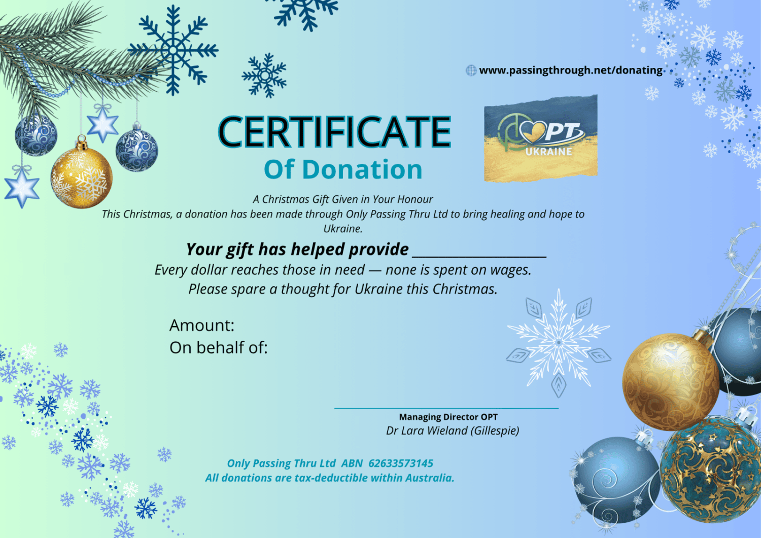 Certificate of Donation for Ukraine with holiday ornaments and a blue-green gradient background.