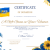1design 2 donate - OPT Certificate of Donation graphic with blue-yellow Ukrainian logo and ornate sunflower borders, titled 'CERTIFICATE OF DONATION' and 'A Gift Given in Your Honour'.