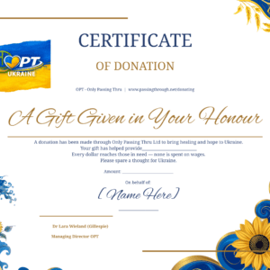 Certificate of Donation graphic with blue-yellow Ukrainian logo and ornate sunflower borders, titled 'CERTIFICATE OF DONATION' and 'A Gift Given in Your Honour'.