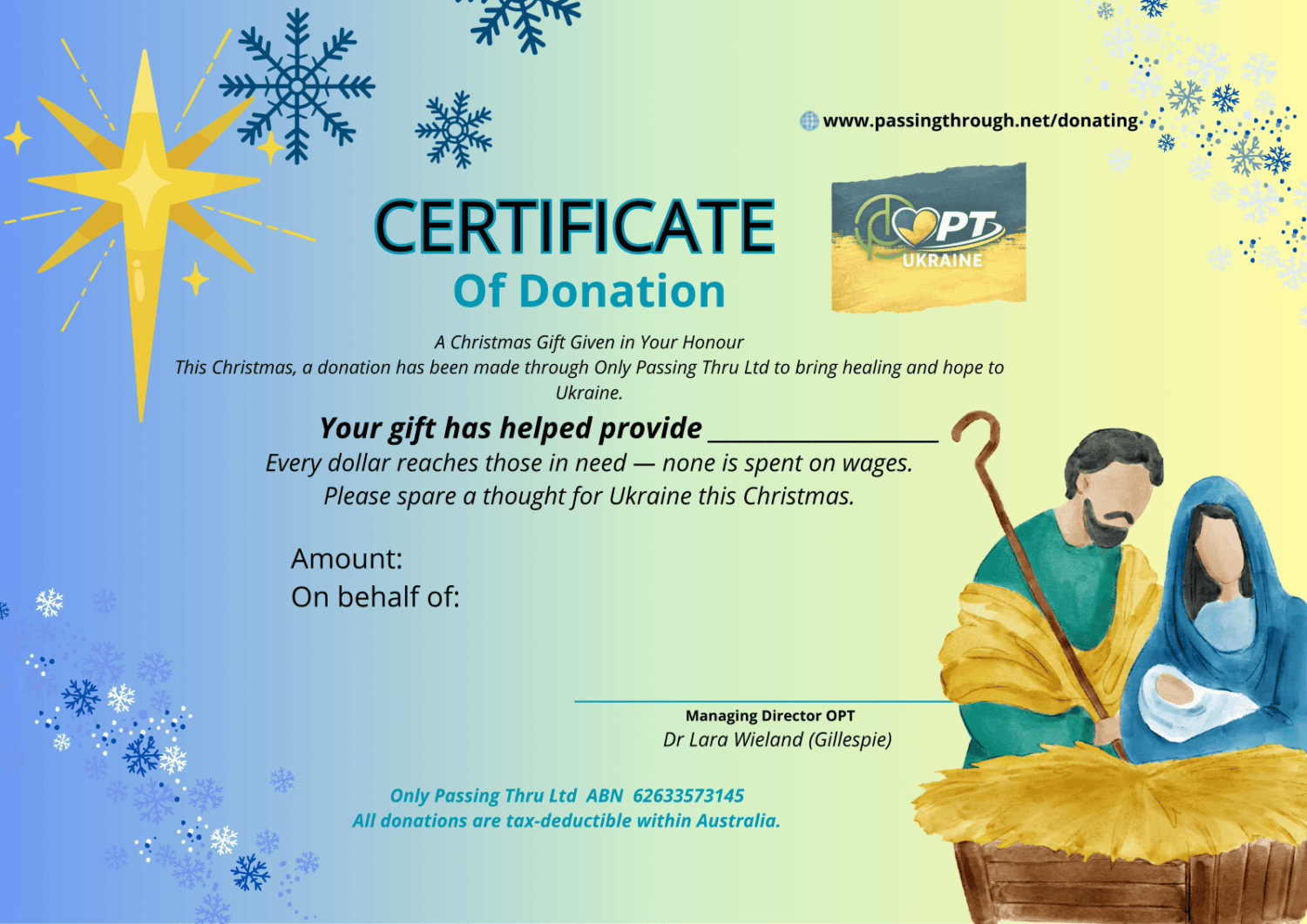 Certificate of Donation flyer on a blue-to-yellow gradient, featuring a large golden star, snowflakes, and nativity figures in a basket on the right; includes donation message and URL.