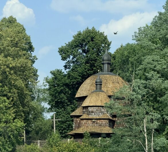 Wooden, multi-tiered church with onion domes nestled among trees under a blue sky.