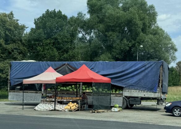 Roadside fruit stand under two tents beside a blue truck trailer, displaying melons and watermelons on crates and pallets.
