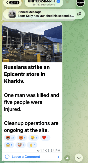 News card with photo of a damaged Epicentr storefront in Kharkiv; headline reads: 'Russians strike an Epicentr store in Kharkiv.'