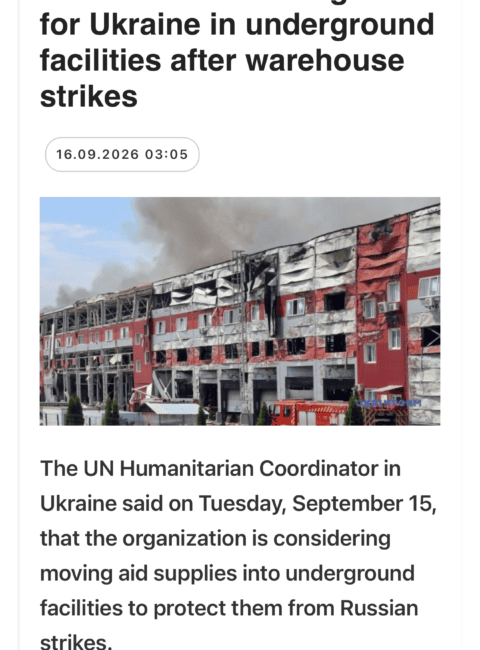 News article about the UN considering storing aid in underground facilities for Ukraine; photo shows a severely damaged, smoke-filled multi-story building.